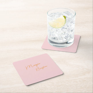 Minimalist monogram script pink square paper coaster
