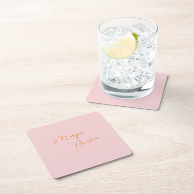 Minimalist monogram script pink square paper coaster (Insitu)