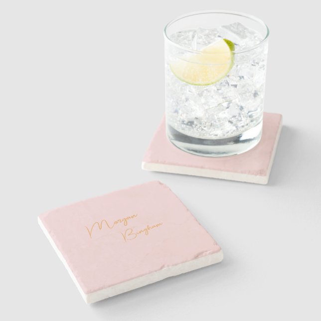 Minimalist monogram script pink stone coaster (Side)