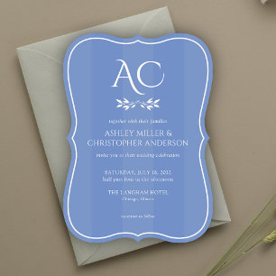 Minimalist Monogram Stripe Cornflower Blue Wedding Invitation