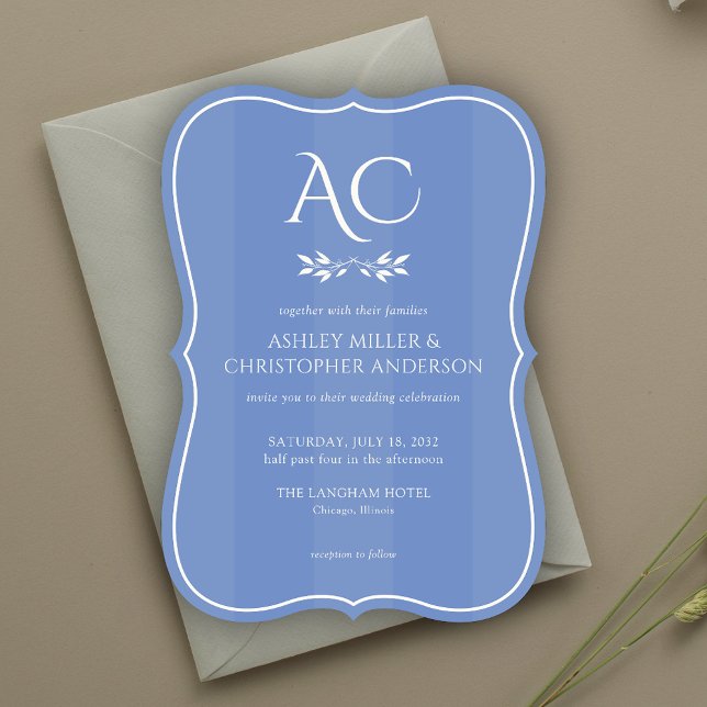 Minimalist Monogram Stripe Cornflower Blue Wedding Invitation (Creator Uploaded)