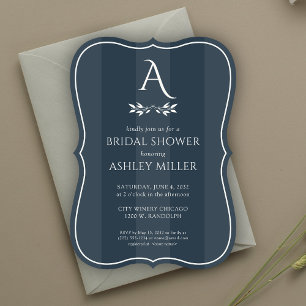 Minimalist Monogram Striped Blue Bridal Shower Invitation