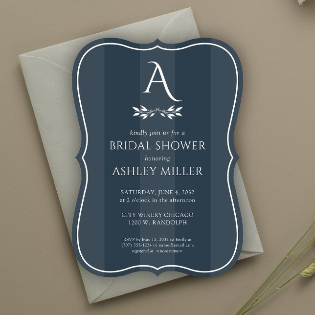 Minimalist Monogram Striped Blue Bridal Shower Invitation (Creator Uploaded)