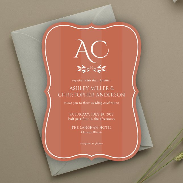 Minimalist Monogram Striped Copper Red Wedding Invitation (Creator Uploaded)