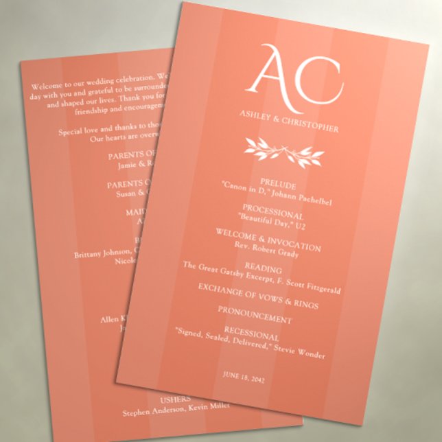 Minimalist Monogram Striped Copper Red Wedding Program (Creator Uploaded)