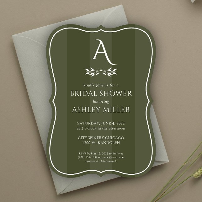 Minimalist Monogram Striped Green Bridal Shower Invitation (Creator Uploaded)