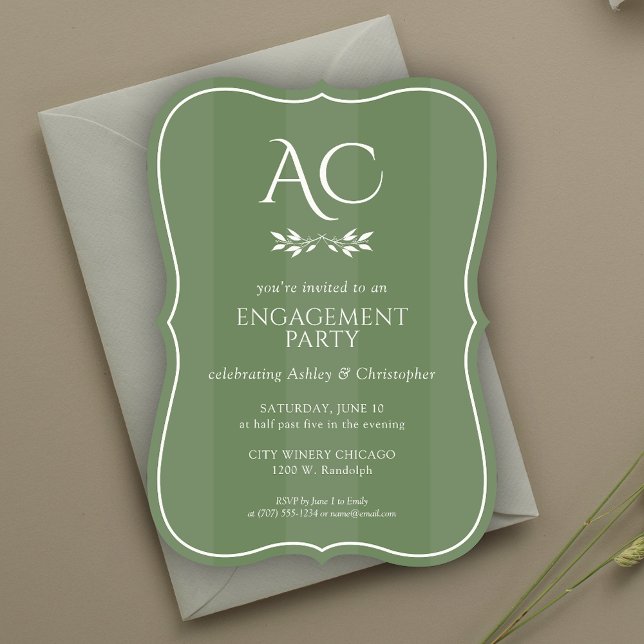 Minimalist Monogram Striped Green Engagement Party Invitation (Creator Uploaded)