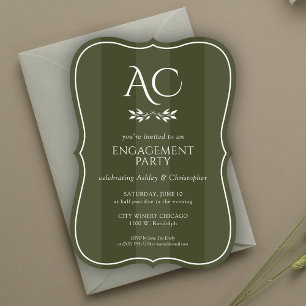 Minimalist Monogram Striped Green Engagement Party Invitation