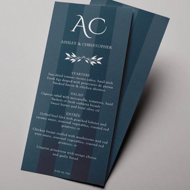 Minimalist Monogram Striped Indigo Blue Wedding Menu (Creator Uploaded)