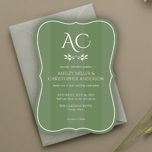 Minimalist Monogram Striped Muted Green Wedding Invitation