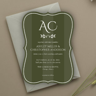 Minimalist Monogram Striped Olive Green Wedding Invitation