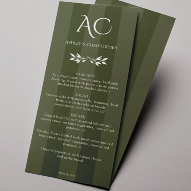 Minimalist Monogram Striped Olive Green Wedding Menu (Creator Uploaded)