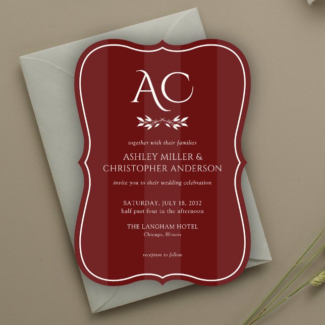 Minimalist Monogram Striped Rosewood Red Wedding Invitation (Creator Uploaded)