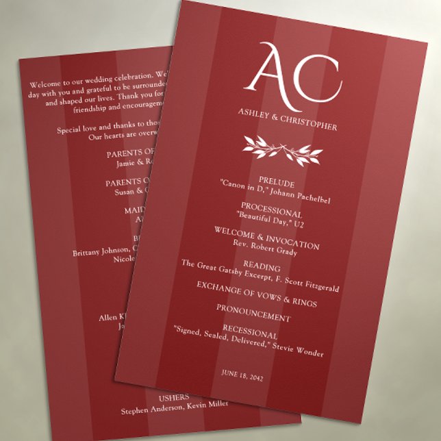 Minimalist Monogram Striped Rosewood Red Wedding Program (Creator Uploaded)