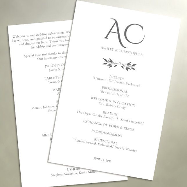 Minimalist Monogram Striped Soft White Wedding Program (Creator Uploaded)