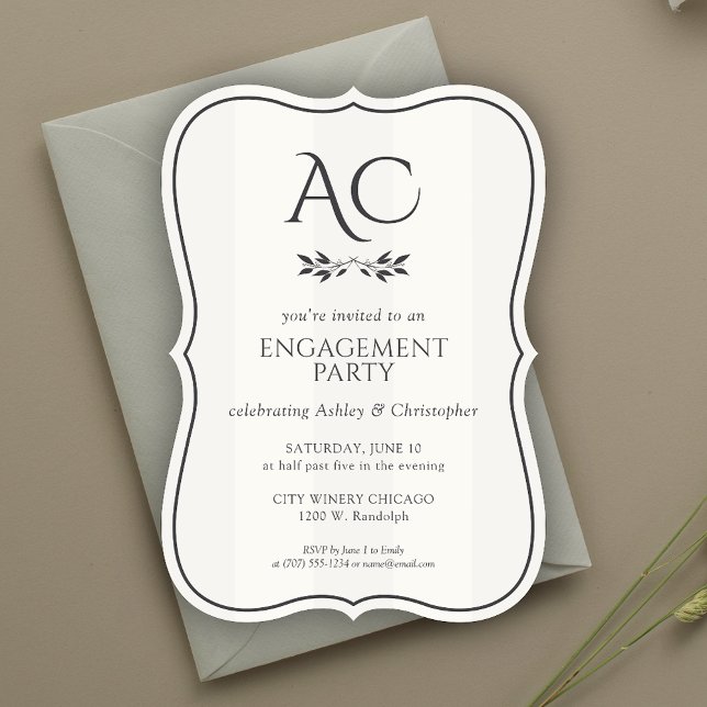 Minimalist Monogram Striped White Engagement Party Invitation (Creator Uploaded)