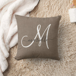 Minimalist Monogram Taupe Faux Linen Cushion