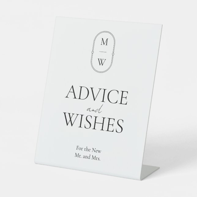 Minimalist Monogram Wedding Advice and Wishes Pedestal Sign (Front)