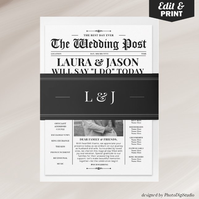 Minimalist Monogram Wedding Black and White  Invitation Belly Band (Wedding Belly Bands Wedding  Black and White)