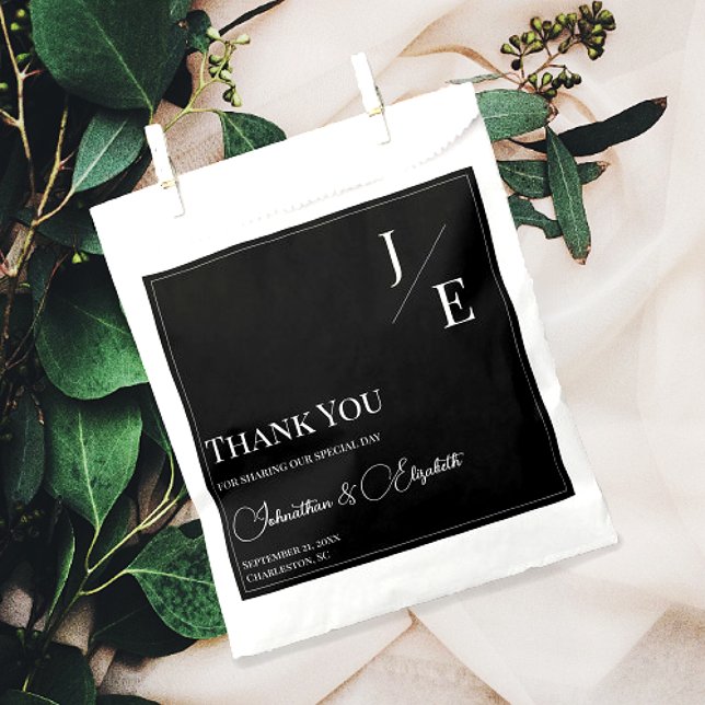 Minimalist Monogram Wedding | Black Favour Bag (Black Minimalist Monogram Wedding Favor Bags)