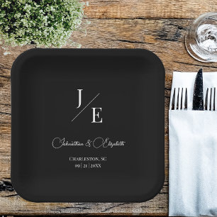 Minimalist Monogram Wedding Black Paper Plate