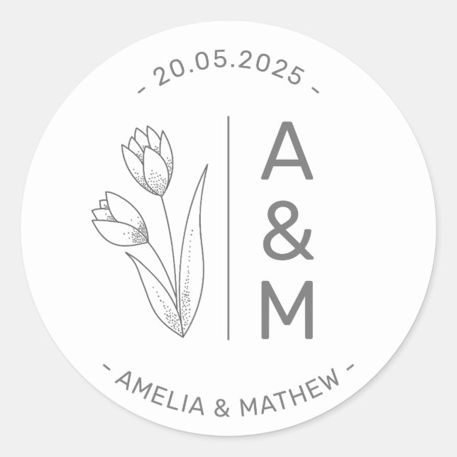 Minimalist Monogram Wedding Classic Round Sticker  (Front)