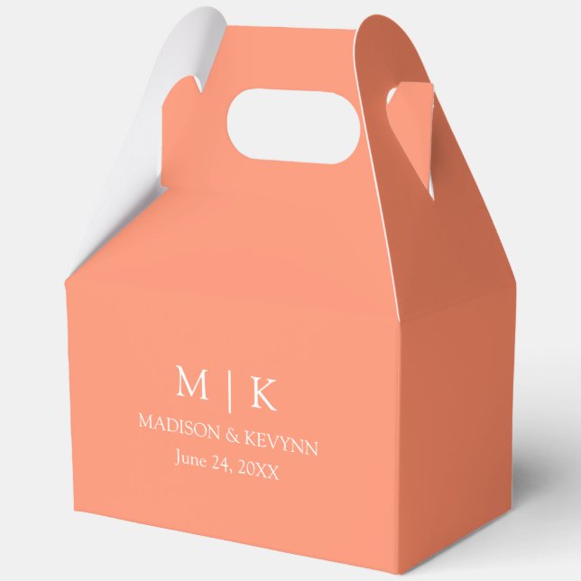 Minimalist Monogram Wedding Coral Peach Gable Favour Box (Front)