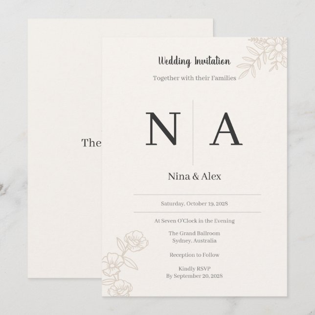 Minimalist Monogram Wedding Invitation (Front/Back)