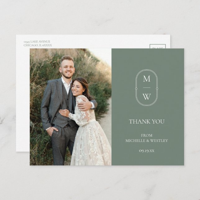 Minimalist Monogram Wedding Photo Thank You Postcard (Front/Back)