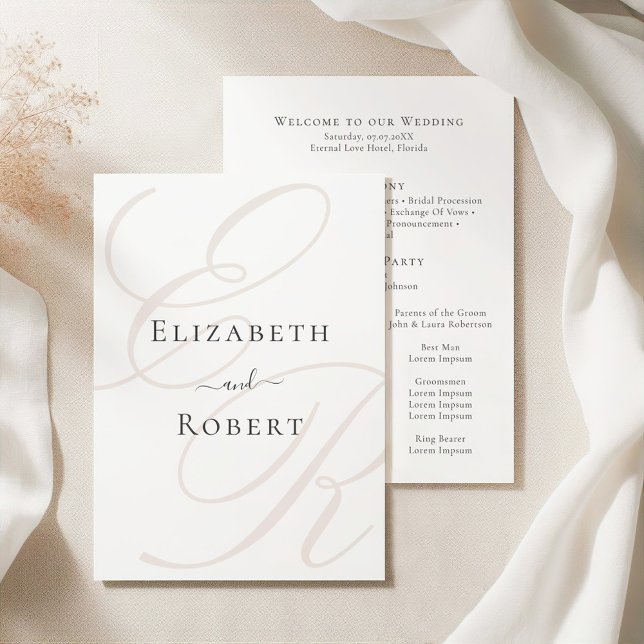 Minimalist Monogram Wedding Program Card (Elegant Minimalist Beige Monogram Wedding Program on an elegant white silky tableclothes)