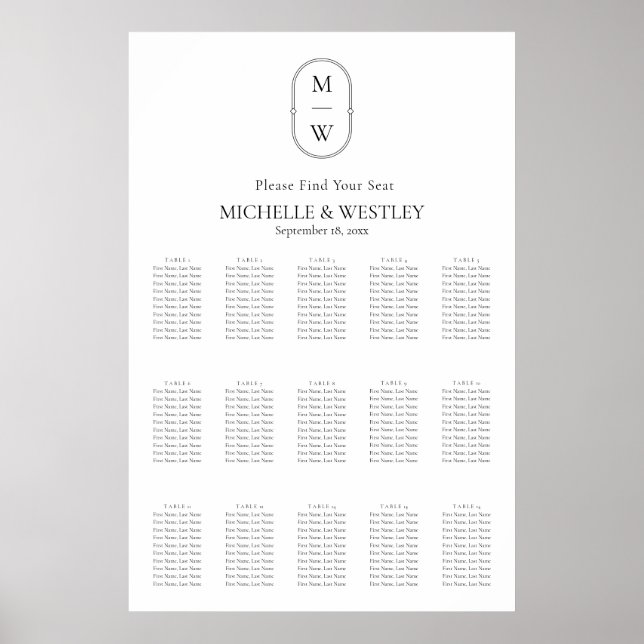 Minimalist Monogram Wedding Seating Chart Sign (Front)