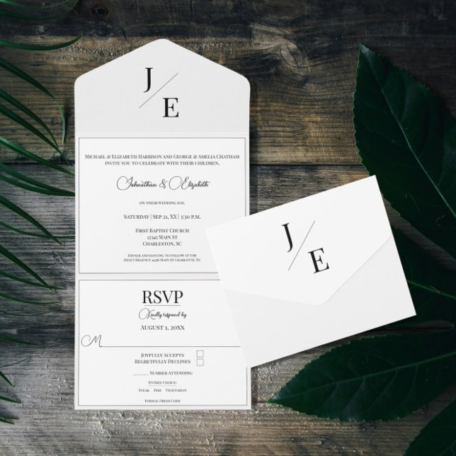 Minimalist Monogram Wedding | White All In One Invitation (Minimalist Monogram Wedding All in One Invitation)