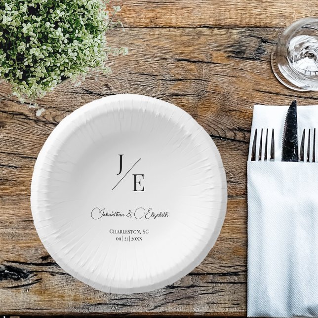 Minimalist Monogram Wedding | White Paper Plate (Minimalist Monogram White Wedding Paper Bowls)