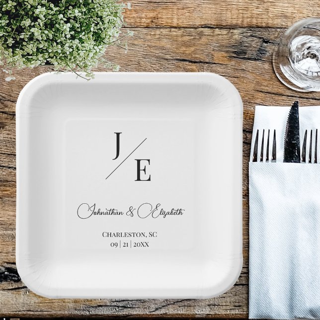 Minimalist Monogram Wedding | White Paper Plate (Minimalist Monogram White Wedding Paper Plate)