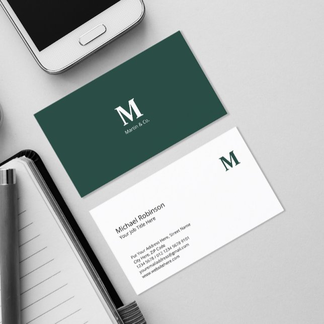 Minimalist Monogram with Initial on Dark Green Business Card (Creator Uploaded)