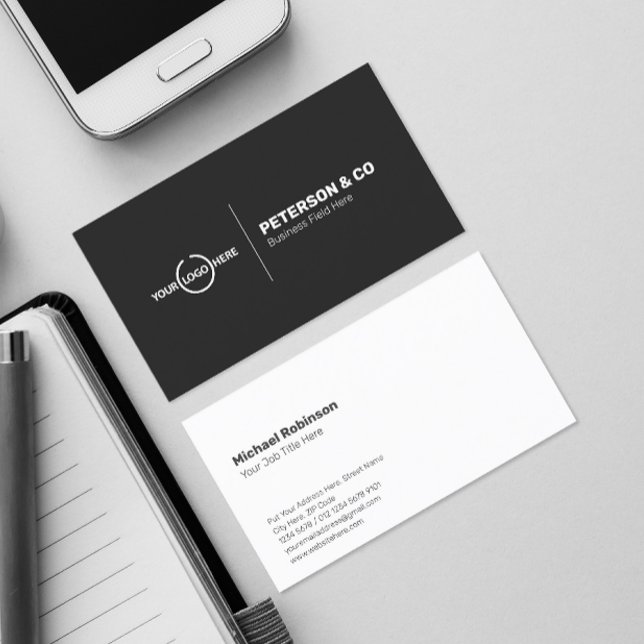 Minimalist Monogram with Logo on Dark Grey Business Card (Creator Uploaded)