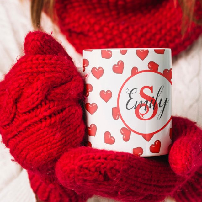 Minimalist Monogrammed Red Hearts Lovers Pattern Coffee Mug (Creator Uploaded)