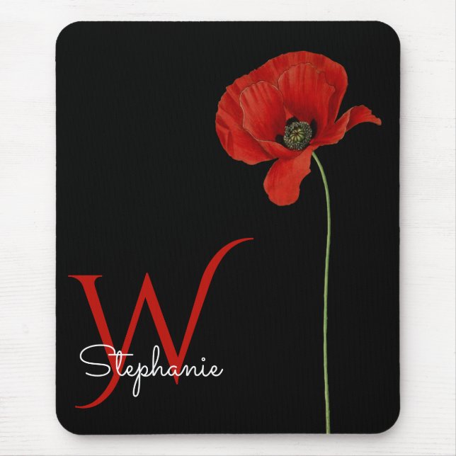 Minimalist Monogrammed Red Poppy on Black Mouse Pad (Front)