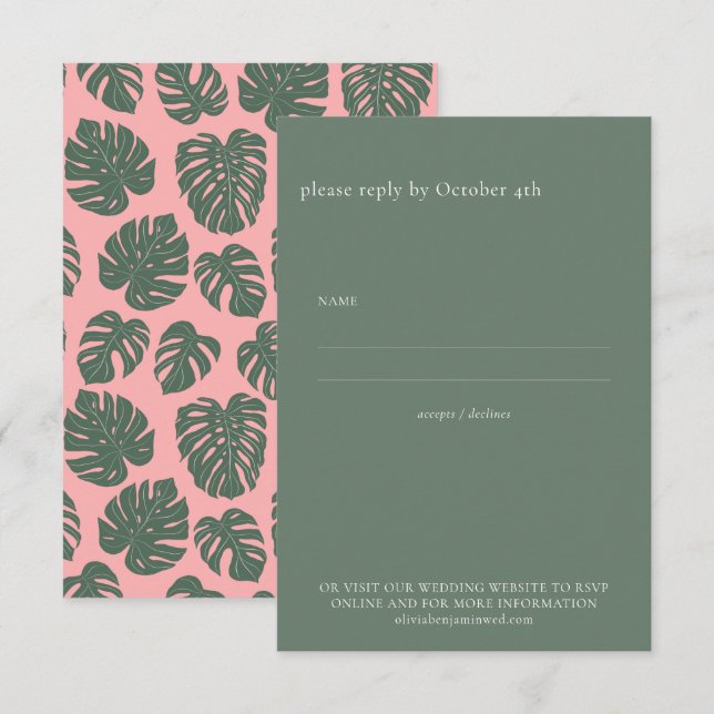 Minimalist Monstera Botanical Pink Green Wedding  RSVP Card (Front/Back)