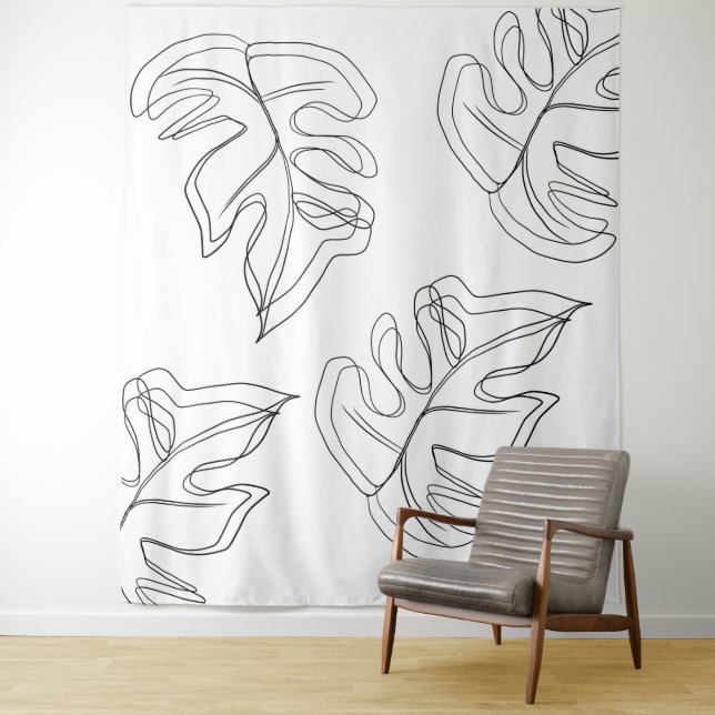 Minimalist Monstera Hand Drawn Gesture Black White Tapestry (In Situ)