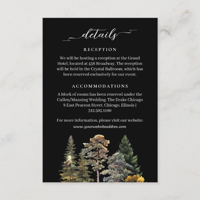 Minimalist Moody Black Autumn Forest Wedding Info Enclosure Card (Front)