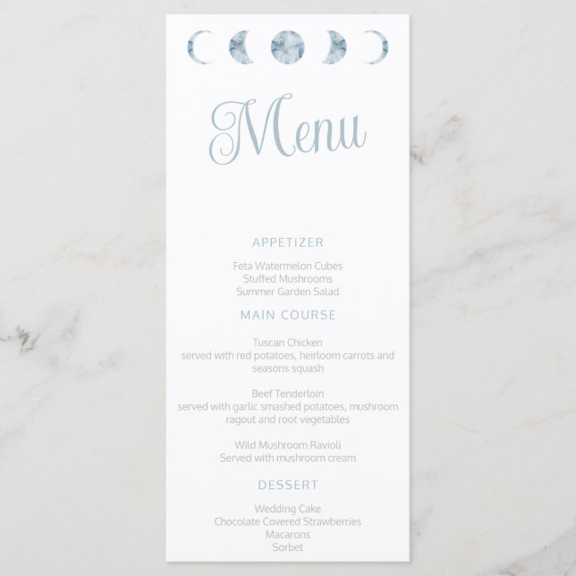 Minimalist Moon Phases Celestial Wedding Flat Menu (Front)