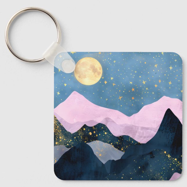 Minimalist Moon Stars Celestial Mountain Valley Key Ring (Front)