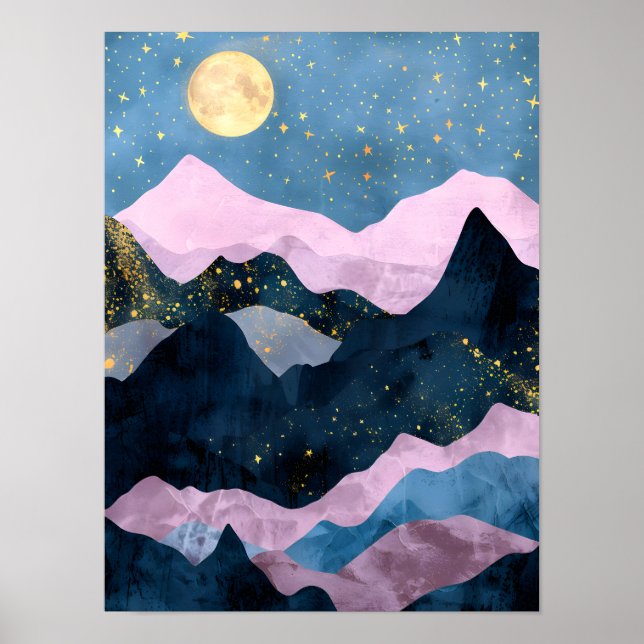 Minimalist Moon Stars Celestial Mountain Valley Poster (Front)