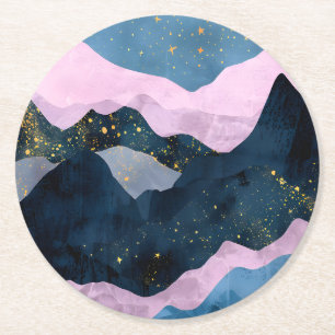 Minimalist Moon Stars Celestial Mountain Valley Round Paper Coaster