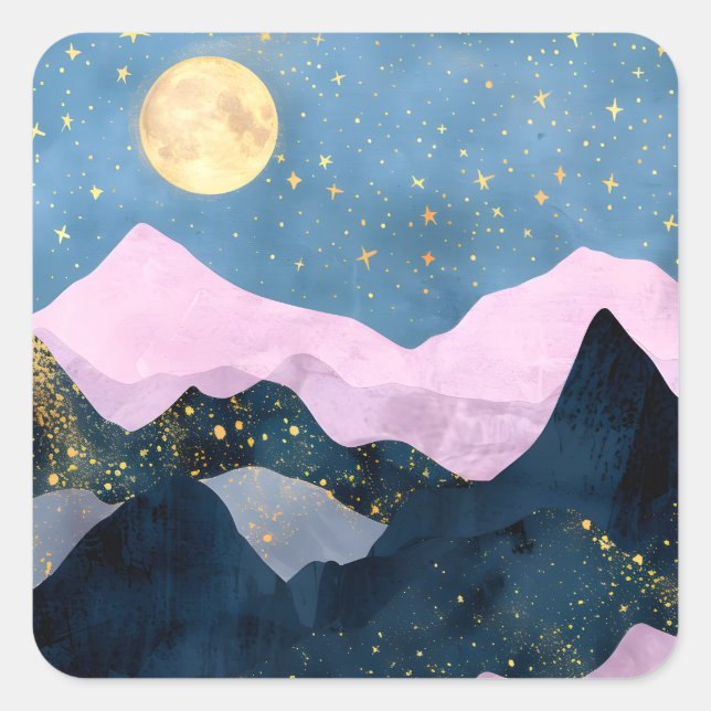 Minimalist Moon Stars Celestial Mountain Valley Square Sticker (Front)