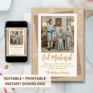Minimalist Moon & Stars Eid Mubarak Family Photo Holiday Card