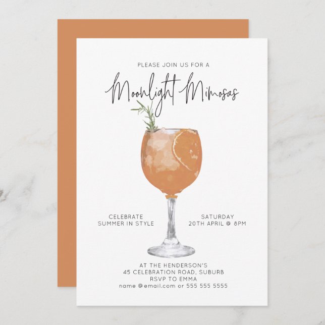 Minimalist Moonlight Mimosas Summer Cocktail Party Invitation (Front/Back)