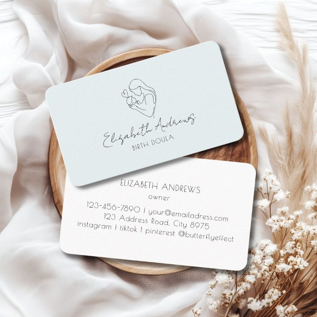 Minimalist Mother & Baby Line Art – Doula, Midwife Business Card (Minimalist Mother & Baby Line Art – Doula, Midwife, Light-Blue Business Card)