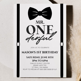 Minimalist Mr. ONEderful Bowtie 1st Birthday Party Invitation